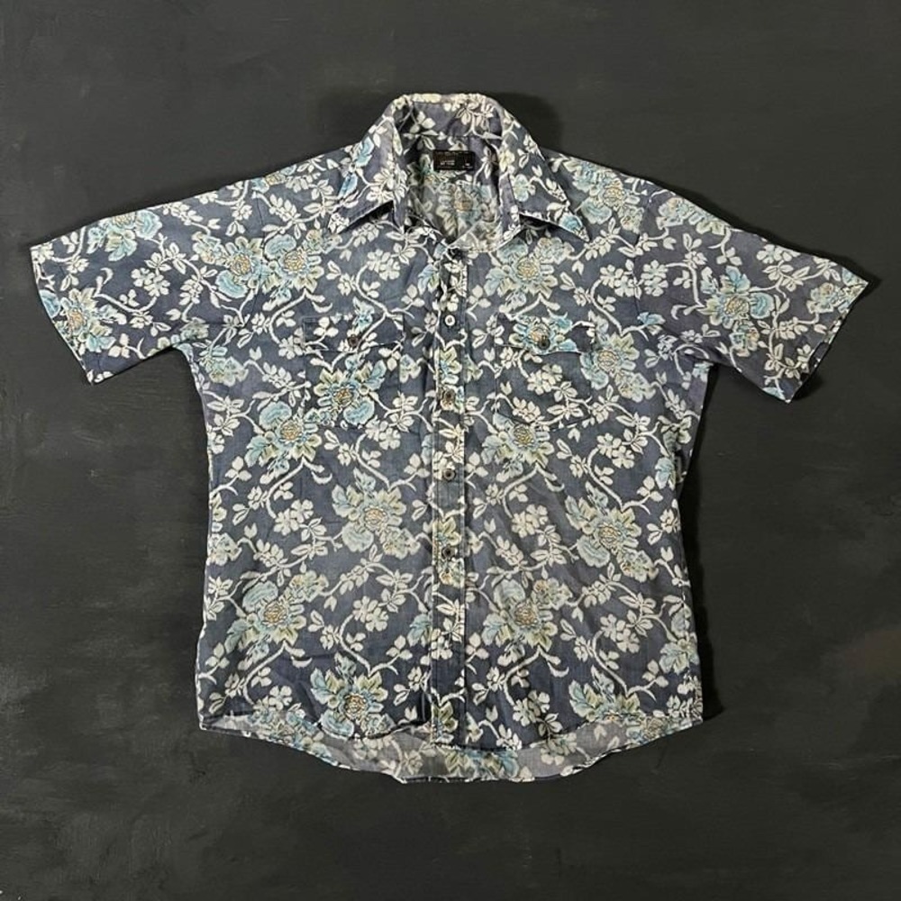 Vintage Towncraft Hawaiian Shirt Mens Large Blue 1970s Floral USA Short Sleeve